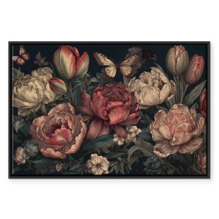 Obraz - Kwiaty na turkusowym tle 120x80 W ramie drewnianej czarnej