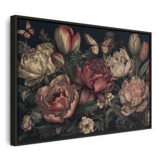 Obraz - Kwiaty na turkusowym tle 60x40 W ramie drewnianej czarnej