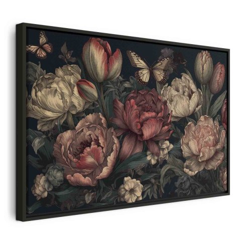 Obraz - Kwiaty na turkusowym tle 60x40 W ramie drewnianej czarnej