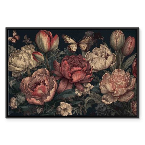 Obraz - Kwiaty na turkusowym tle 60x40 W ramie drewnianej czarnej
