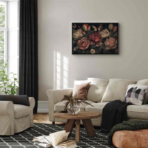 Obraz - Kwiaty na turkusowym tle 60x40 W ramie drewnianej czarnej