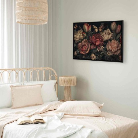 Obraz - Kwiaty na turkusowym tle 60x40 W ramie drewnianej czarnej