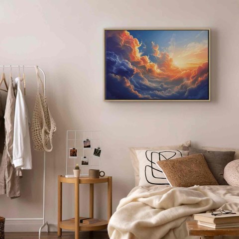Obraz - Zachód słońca nad chmurnym morzem: cudowna symfonia barw 90x60 W ramie drewnianej naturalnej