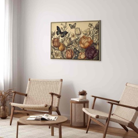 Obraz - Kolorowe tulipany na kremowym tle 120x80 W ramie drewnianej naturalnej