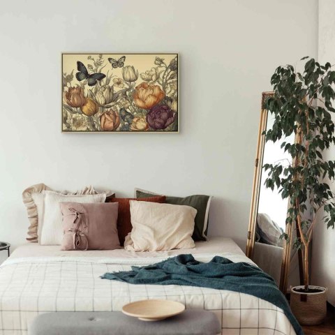 Obraz - Kolorowe tulipany na kremowym tle 120x80 W ramie drewnianej naturalnej