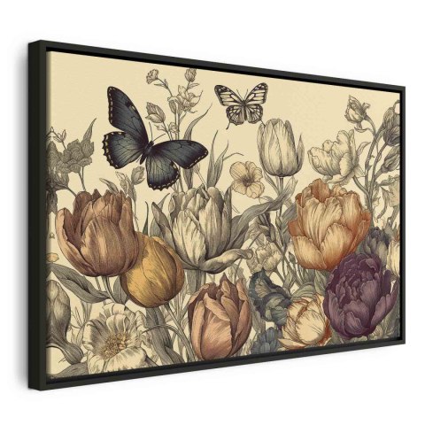 Obraz - Kolorowe tulipany na kremowym tle 60x40 W ramie drewnianej czarnej