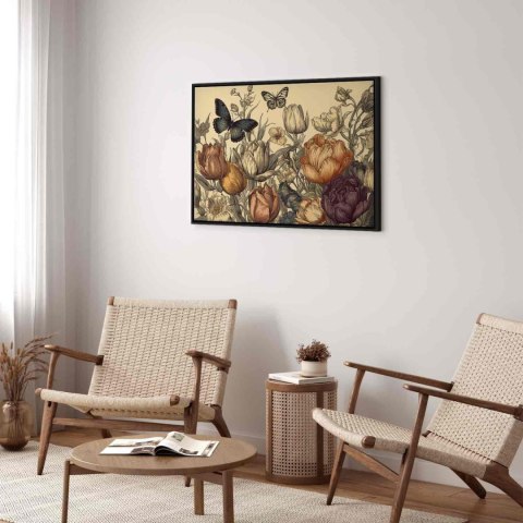 Obraz - Kolorowe tulipany na kremowym tle 60x40 W ramie drewnianej czarnej