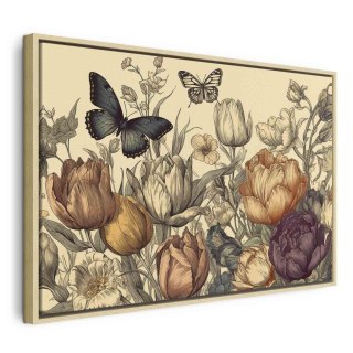Obraz - Kolorowe tulipany na kremowym tle 60x40 W ramie drewnianej naturalnej