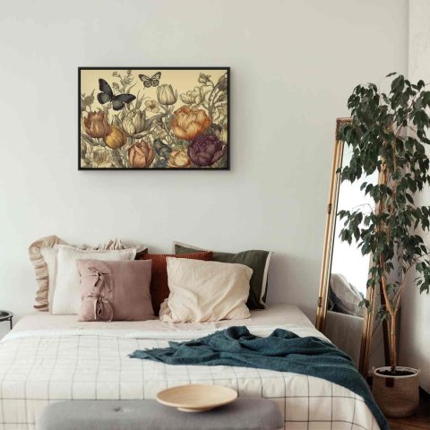 Obraz - Kolorowe tulipany na kremowym tle 90x60 W ramie drewnianej czarnej