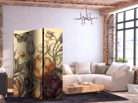Parawan - Tulipany w kremie - ilustracja kwiatów i motyli na jasnym tle 135x172 Jednostronny