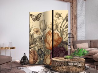 Parawan - Tulipany w kremie - ilustracja kwiatów i motyli na jasnym tle 135x172 Jednostronny