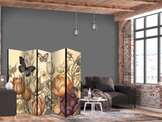 Parawan - Tulipany w kremie - ilustracja kwiatów i motyli na jasnym tle 225x172 Dwustronny