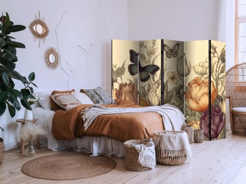 Parawan - Tulipany w kremie - ilustracja kwiatów i motyli na jasnym tle 225x172 Jednostronny