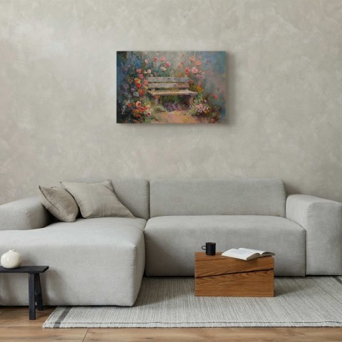 Obraz - Kwiecista ławeczka - obraz w stylu impresjonistycznym pełen kwiatów 30x20 Premium Print