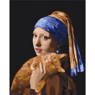 Obraz do samodzielnego malowania - Dziewczyna z perłą i rudym kotem 40x50