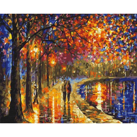 Obraz do samodzielnego malowania - Jesienny spacer w świetle latarni 50x40