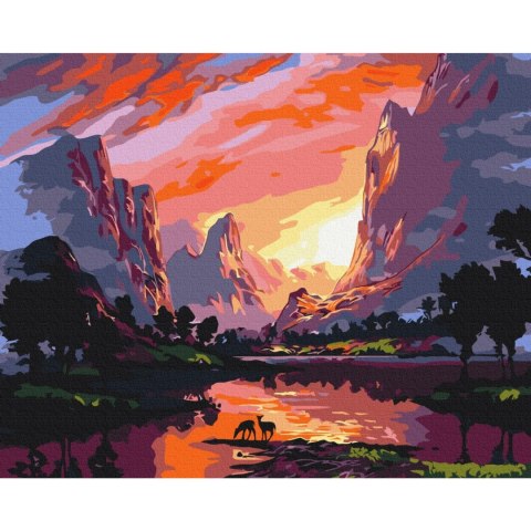 Obraz do samodzielnego malowania - Zachód słońca za górami 50x40