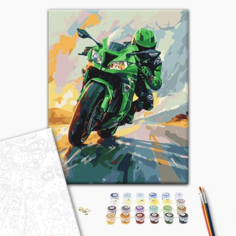 Obraz do samodzielnego malowania - Zielony motocykl w pędzie 40x50