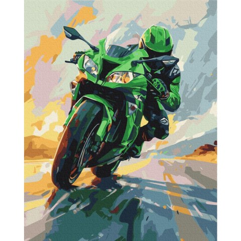 Obraz do samodzielnego malowania - Zielony motocykl w pędzie 40x50