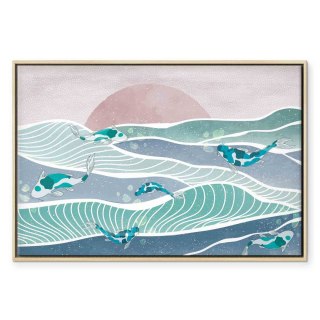 Obraz - Ryby na falach 90x60 W ramie drewnianej naturalnej