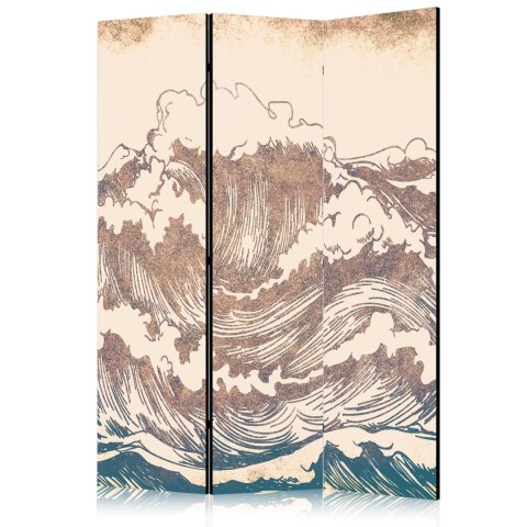 Parawan - Wzburzony ocean - Wysokie fale w kolorystyce brązu i granatu na beżowym tle w stylistyce vintage 135x172 Akustyczny