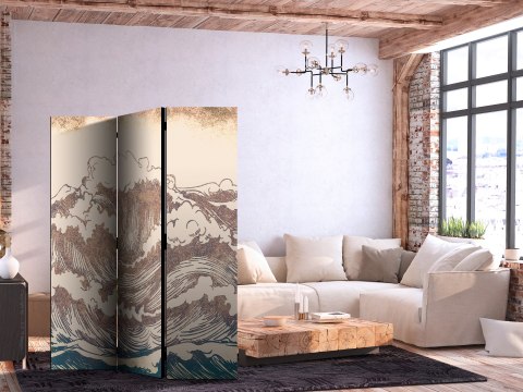 Parawan - Wzburzony ocean - Wysokie fale w kolorystyce brązu i granatu na beżowym tle w stylistyce vintage 135x172 Dwustronny