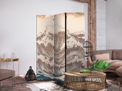 Parawan - Wzburzony ocean - Wysokie fale w kolorystyce brązu i granatu na beżowym tle w stylistyce vintage 135x172 Jednostronny