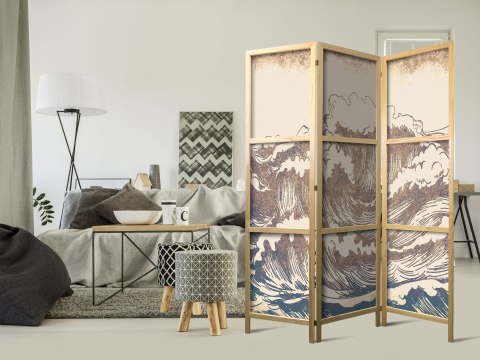 Parawan japoński - Wzburzony ocean - Wysokie fale w kolorystyce brązu i granatu na beżowym tle w stylistyce vintage 135x172