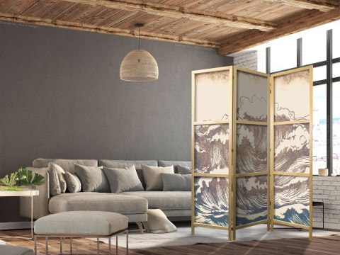 Parawan japoński - Wzburzony ocean - Wysokie fale w kolorystyce brązu i granatu na beżowym tle w stylistyce vintage 135x172