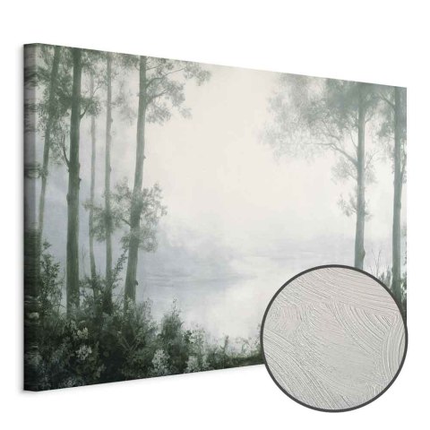 Obraz - Pejzaż retro lasek drzewa i staw w spatynowanych odcieniach zieleni 30x20 Premium Print