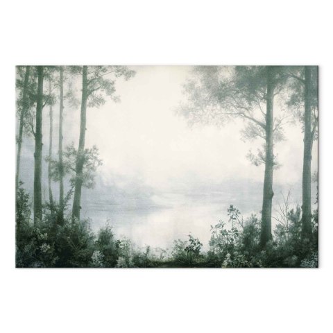 Obraz - Pejzaż retro lasek drzewa i staw w spatynowanych odcieniach zieleni 30x20 Premium Print