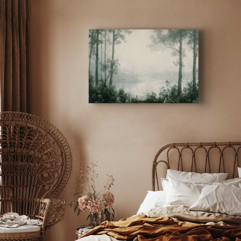 Obraz - Pejzaż retro lasek drzewa i staw w spatynowanych odcieniach zieleni 30x20 Standard