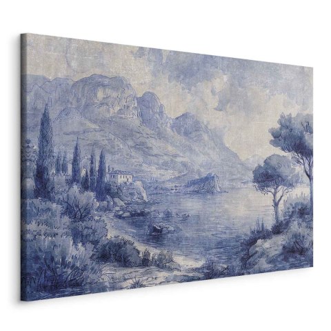 Obraz - Niebieska zatoka - włoski krajobraz jeziora Como malowany niebieskim tuszem 60x40 Standard