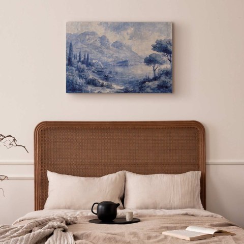 Obraz - Niebieska zatoka - włoski krajobraz jeziora Como malowany niebieskim tuszem 60x40 Standard