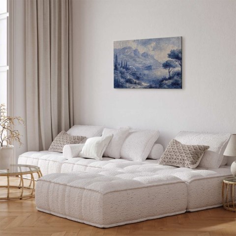 Obraz - Niebieska zatoka - włoski krajobraz jeziora Como malowany niebieskim tuszem 90x60 Standard