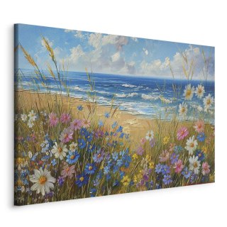 Obraz XXL - Morski krajobraz - polne kwiaty i widok na wzburzone morze 180x120