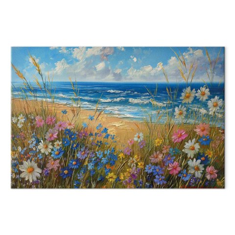 Obraz - Morski krajobraz - polne kwiaty i widok na wzburzone morze 60x40 Standard