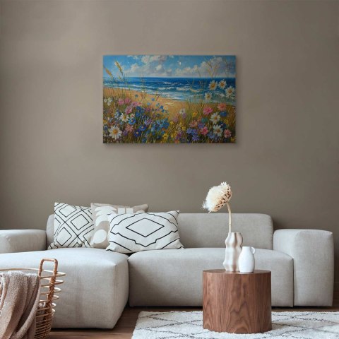 Obraz - Morski krajobraz - polne kwiaty i widok na wzburzone morze 60x40 Standard