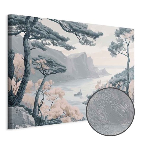Obraz - Górzyste wybrzeże z drzewami i skałami w lekkich pastelowych błękitach 30x20 Premium Print