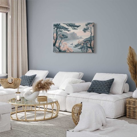 Obraz - Górzyste wybrzeże z drzewami i skałami w lekkich pastelowych błękitach 30x20 Premium Print