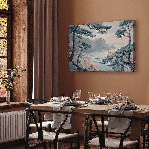 Obraz - Górzyste wybrzeże z drzewami i skałami w lekkich pastelowych błękitach 30x20 Premium Print