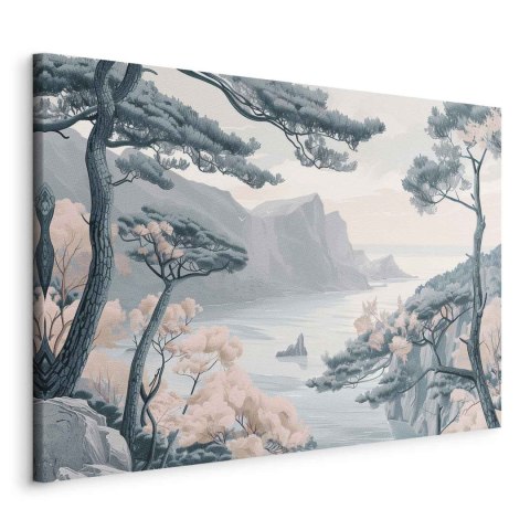 Obraz - Górzyste wybrzeże z drzewami i skałami w lekkich pastelowych błękitach 60x40 Standard