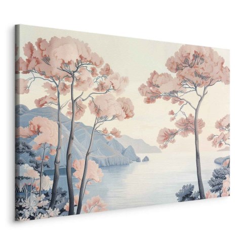 Obraz - Pejzaż z oceanem klifami i drzewami w delikatnych różowych barwach 90x60 Standard