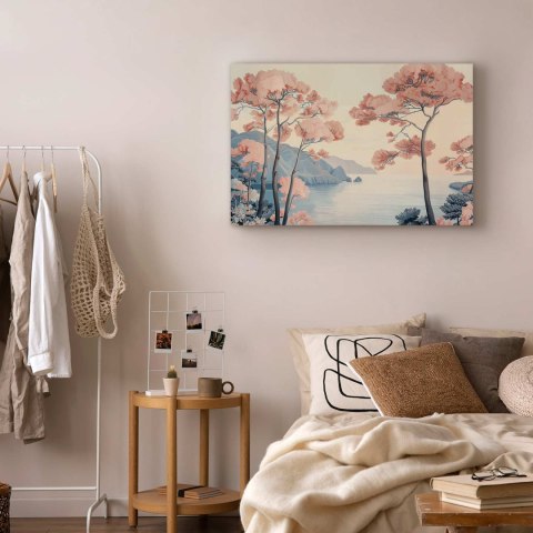 Obraz - Pejzaż z oceanem klifami i drzewami w delikatnych różowych barwach 90x60 Standard