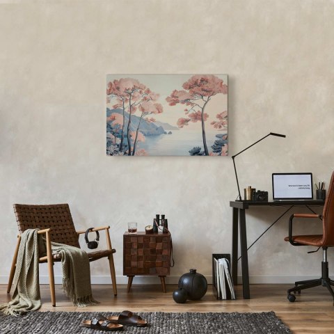 Obraz - Pejzaż z oceanem klifami i drzewami w delikatnych różowych barwach 90x60 Standard