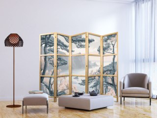 Parawan japoński - Górzyste wybrzeże z drzewami i skałami - w lekkich pastelowych błękitach 225x172