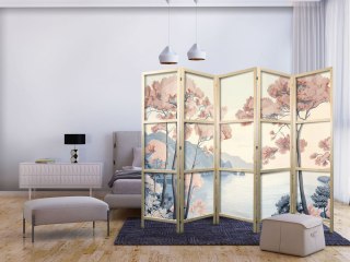 Parawan japoński - Pejzaż z oceanem - klifami i drzewami w delikatnych różowych barwach 225x172