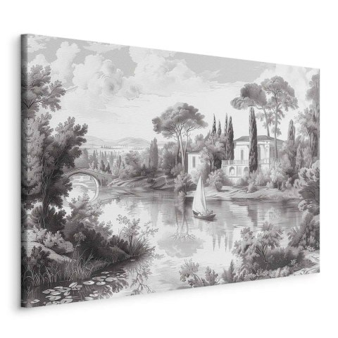 Obraz - Czarno-biały pejzaż vintage retro widok na staw z łódką 90x60 Standard