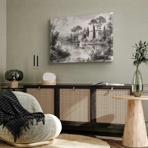 Obraz - Czarno-biały pejzaż vintage retro widok na staw z łódką 90x60 Standard