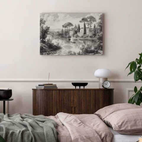 Obraz - Czarno-biały pejzaż vintage retro widok na staw z łódką 90x60 Standard